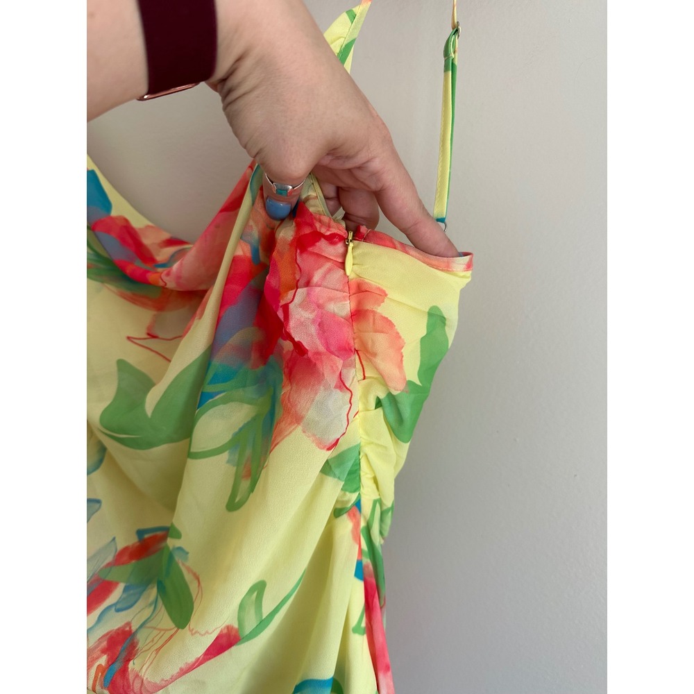 Pretty Lavish Keisha Floral Midi Dress Women 10 Yellow Cowl Neck Ruched Chiffon - Picture 5 of 12